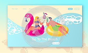 Concept of landing page on summer holiday, vacation theme. ÐÐ°Ñ€pÑƒ characters resting in circles for swimming on the beach.